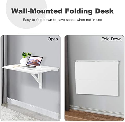 COSTWAY Wall Mounted Folding Table, 31.5" x 23.5" Drop-Leaf Floating Writing Desk for Small Spaces, Space-Saving Fold Down Laptop Workstation for Kitchen, Bedroom, Laundry Room, Study Room (White)