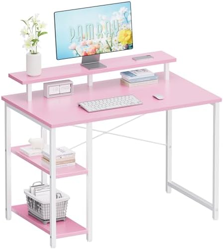 Pamray 33.5 Inch Small Computer Desk with Monitor Stand and Shelves