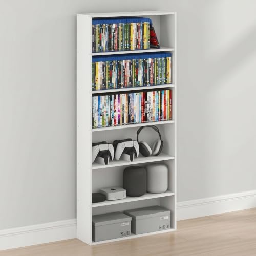 Furinno Basic DVD Shelf, 6-Tier Media Shelf, CD Rack, White | 7 x 24 x 53, Open Shelf for DVD Blueray Game Disc, Cube Storage Organizer, for Living Room, Bedroom, Home Office