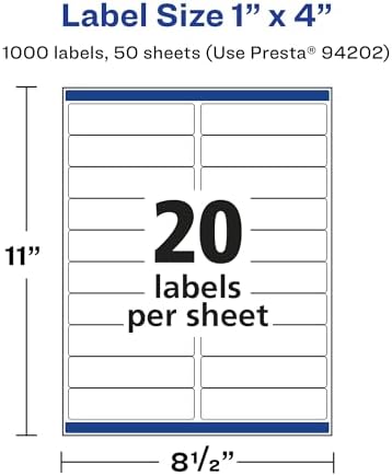 Avery® Matte White Rectangle Labels, Sure Feed® Technology, 1" x 4", 1,000 Matte White Printable Labels