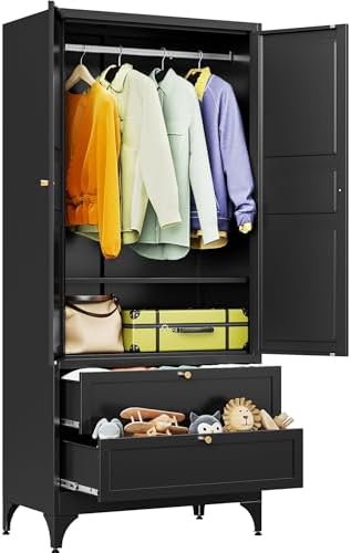 SISESOL Metal Wardrobe Cabinet with Drawer,Armoire Wardrobe Closet with Doors,Black Metal Clothing Storage Cabinet with Adjustable Shelves and Hanging Rod for Bedroom,Laundry,Home