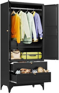 SISESOL Metal Wardrobe Cabinet with Drawer,Armoire Wardrobe Closet with Doors,Black Metal Clothing Storage Cabinet with Adjustable Shelves and Hanging Rod for Bedroom,Laundry,Home