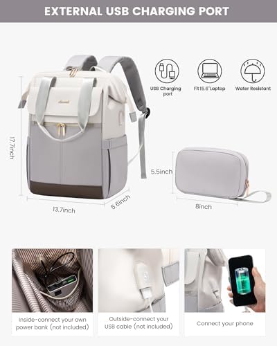 LOVEVOOK Laptop Backpack for Women with Giant Tumbler Holder, 15.6 Inch Work Laptop Bag with USB Port, Fashion Teacher Nurse Backpack Purse, Waterproof Travel Computer Backpack, 2PCS, Beige-Light Grey