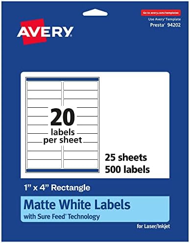Avery® Matte White Rectangle Labels, Sure Feed® Technology, 1" x 4", 500 Matte White Printable Labels