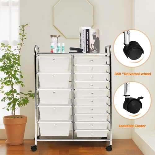 COSTWAY 15 Drawer Rolling Storage Cart, Mobile Utility Cart with Lockable Wheels, Drawers, Multipurpose Organizer Cart for Home, Office, School, Clear