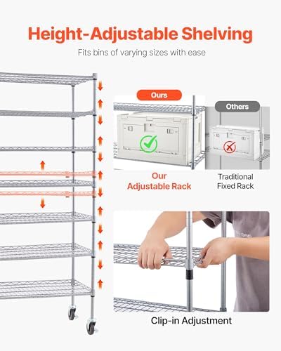 VEVOR 7-Tier Rolling Bin Storage Rack, 24 Small Bins, Bin Rack Storage Steel Wire Shelving System with Wheels, Mobile Tool Organizer for Garage, Warehouse, Office, Restaurant, Classroom, Kitchen
