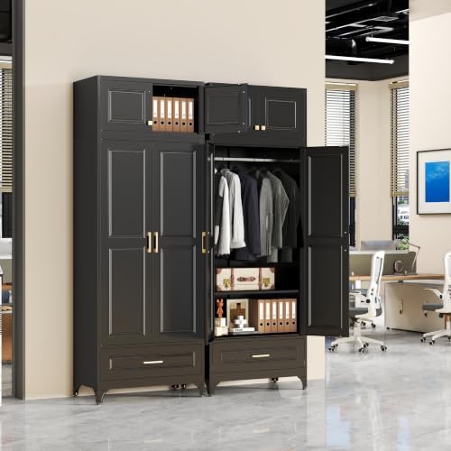 SteeLoong 86”H Metal Wardrobe Cabinet,Armoire Wardrobe Closet with Drawer