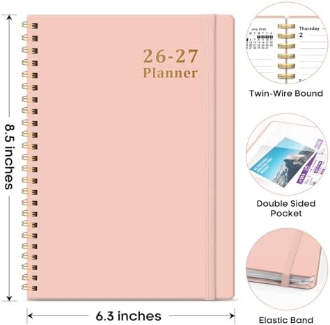 Taja Planner 2026-2027, 6.3" x 8.5" Calendar Planner, Jul 2026-Jun 2027 | A5 Hardcover Weekly & Monthly Academic Year Planner, Large Planning Agenda With Tabs, School & Office Supplies, Pink
