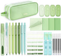 Four Candies Green School Supplies with Case College Essentials | Pens with Black Ink, Correction Tapes, Pastel Highlighters, Mechanical Pencils, Sticky Notes, Index Post for Study Stationary