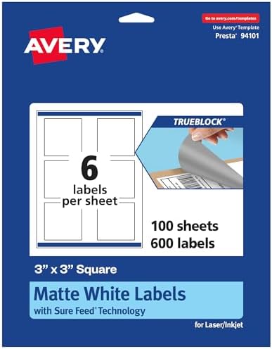 Avery TrueBlock Matte White Square Labels, Sure Feed Technology, 3" x 3", 600 Matte White Labels, Print-to-The-Edge, Laser/Inkjet Printable, Great for Packaging and Product Merchandising