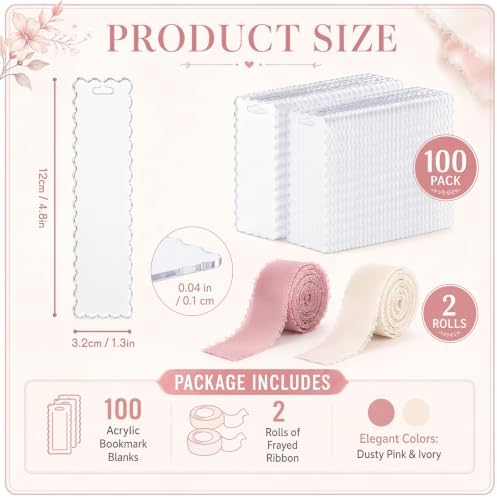 Yeaqee 100 Pcs Scallop Shaped Clear Acrylic Bookmark Blanks with Ribbon