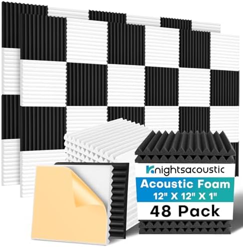 48 Pack Sound Proof Foam Panels for Walls with Self Adhesive, 12x12x1 Acoustic Foam Panels, High Density Acoustic Panels Sound Absorbing, Fire Resistant Studio Sound Proofing Black White
