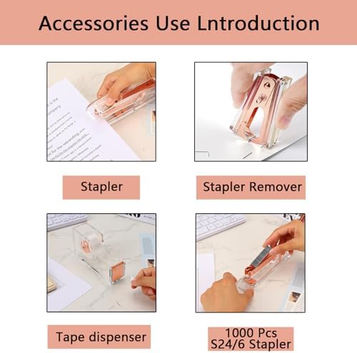suniya Office Supplies Rose Gold Desk Accessories Set Office Supplies Kit with Stapler, Tape Dispenser, Scissors, Staple Remover, Ballpoint Pen, Clear Tape & Staples – Best Gift for Business or Boss