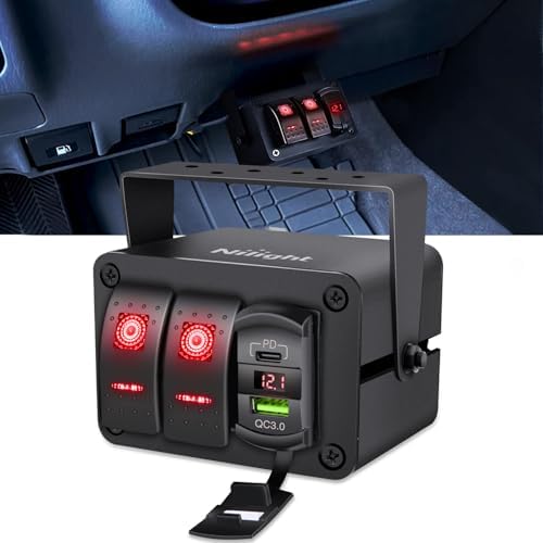Nilight 2 Gang Rocker Switch Box w/Voltmeter PD Type C and USB Socket