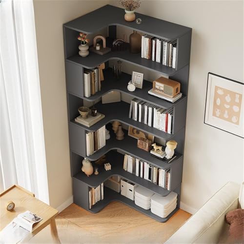 Vertical L-Shape Storage with Open Back 6 Shelves Corner Bookshelf Wood Floor Rack Student Integrated Wall Bookcase Corner Cabinet Multi-Layer Storage Cabinet Grey 24" L x 35" W x 75" H