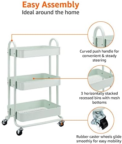 Amazon Basics 3-Tier Metal Rolling Utility Cart, Storage Organizer, Multi-Functional Kitchen Island Cart, Portable Shelving Unit with Caster Wheels, Mint Green