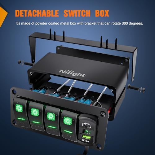 Nilight 4 Gang Rocker Switch Box w/Voltmeter PD Type C and USB Socket