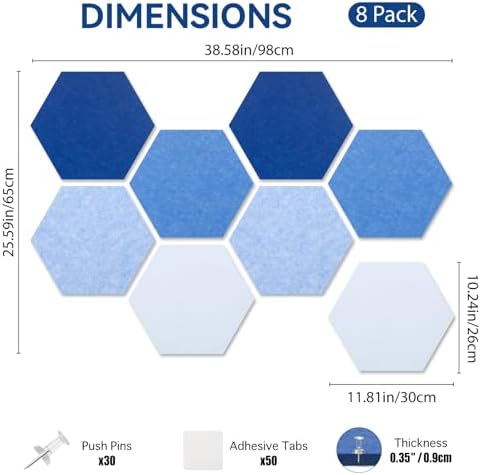 8 Pack Hexagon Felt Cork Board Tiles, 12'' Felt Bulletin Board for Walls Decor with 30 Pushpins, 50 Adhesive Tabs for Office & Home Pin Board, Notes Photos & DIY Classroom Decor (Gradual Blue)