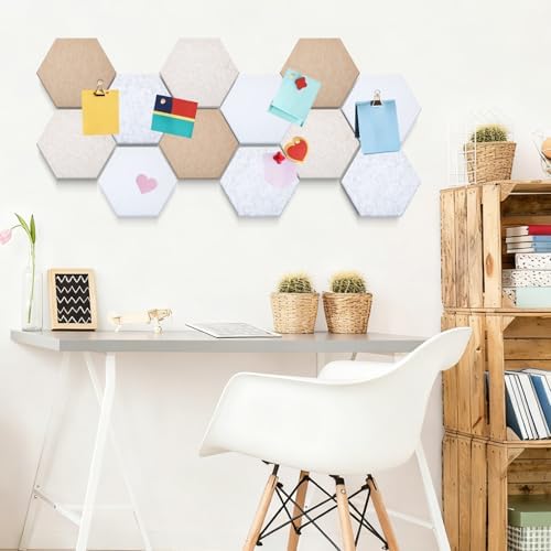 12x10 in 16 Pcs Hexagon Cork Board Tiles, Felt Pin Boards, Retro