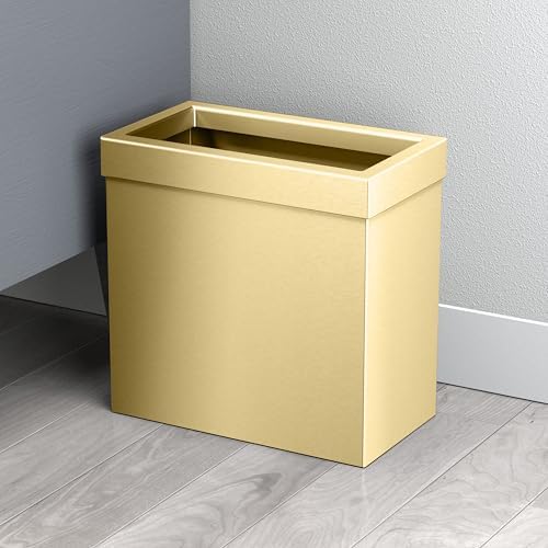 Gatco Modern Rectangle Wastebasket, Brushed Brass - Stainless Steel Trash Can with Removable Lid, Leakproof, 3 Gallon Capacity for Bathroom, Bedroom, Kitchen, or Office