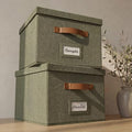 Decorative File Organizer Box Set of 2 - Collapsible Linen Filing Cabinets | Stores Documents and Hanging File Folders - Portable Office Crates with Lid and Handles for Easy Slide Access