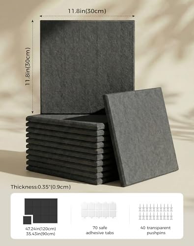Aothia Felt Bulletin Board Tiles, 12-Pack 48"x36" Large Pin Board for Wall, Modern Cork Board Alternative for Notes, Photos, Memo & Office Organization, 70 Adhesive Tabs & 40 Push Pins, Charcoal Gray