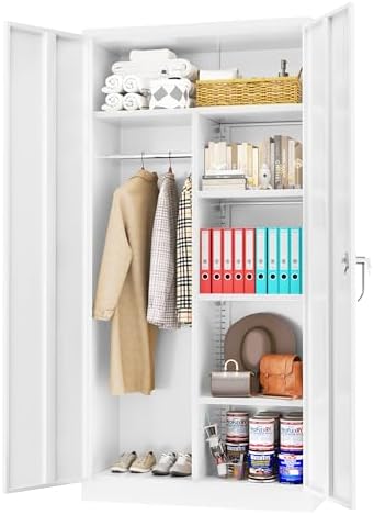 Greenvelly Metal Storage Cabinet with 2 Doors, White 72” Steel Storage Wardrobe Cabinet, Employees Locker Closet Clothing Coat Steel Wardrobe Cabinet with Hanging Rod for Garage, Gym, Home Office