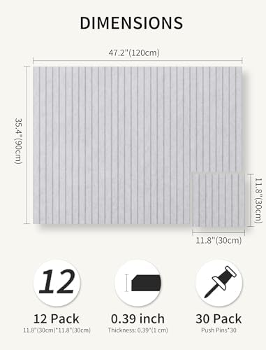 48" x 36" Cork Board Alternative, 12 Pack Felt Bulletin Board Tiles with 30 Adhesive Tabs Wall Push Pin Board for Office Classroom Bedroom Decor