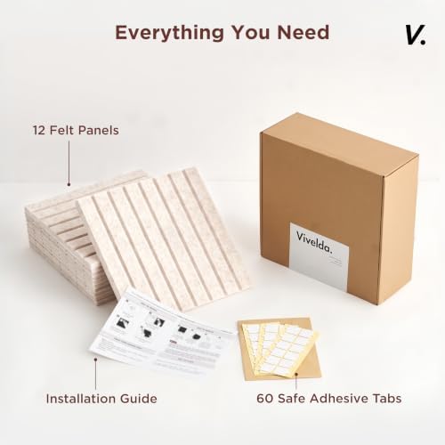 VIVELDA Large Felt Bulletin Board 48 x 36 Inch - 12-Pack Square Acoustic Wall Panels, Cork Board Alternative, NRC 0.95, Damage-Free Adhesive, Slatted Design for Home, Classroom (Limestone)