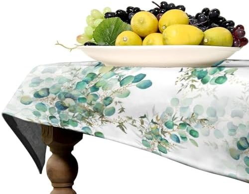 Spring Botanical Tablecloth, Watercolor Sage Green Eucalyptus Leaves Print Table Cloth Cover for Kitchen Dining Indoor Outdoor Decor 55x55in