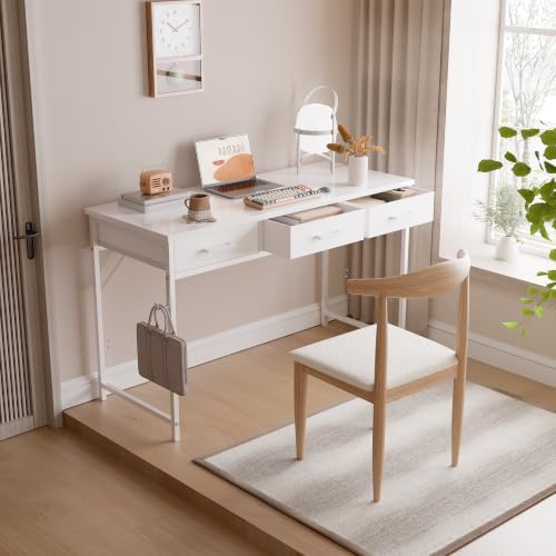 Pamray 47 Inch Small Computer Desk with 3 Drawers for Bedroom Study Writing Home Office Table for Small Spaces White