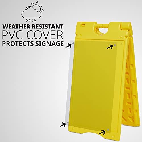 Jumbl A-Frame Signboard 15.7” x 26” Display Surface – Small Outdoor Sandwich Board w/Weather Resistant PVC Sign Protector & Sand Fill Holes – Dual Signage Stand for Storefront Sidewalk Curb (Yellow)