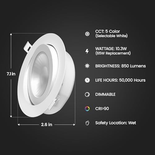 Feit Electric 6in LED Canless Directional Recessed Downlight, 65W Eq, 5CCT