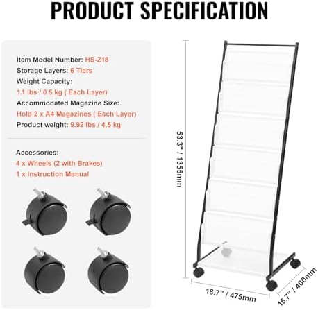 VEVOR Brochure Display Rack, 6-Tier Magazine Literature Display Stand, Floor Standing Magazine Rack Newspaper Catalog Holders, Movable with 4 Wheels (2 Lockable) for Shop Exhibitions Office, 6 Pockets