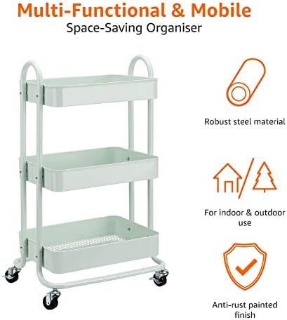 Amazon Basics 3-Tier Metal Rolling Utility Cart, Storage Organizer, Multi-Functional Kitchen Island Cart, Portable Shelving Unit with Caster Wheels, Mint Green