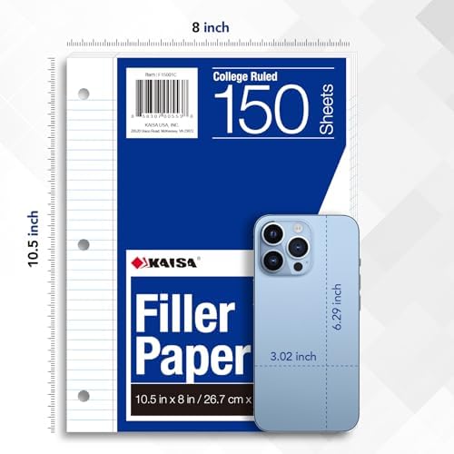 Kaisa Filler Paper Notebook Paper College Ruled 8"x10.5" Loose Leaf Paper for 3-Ring Binders 1800 Sheet/pack,12pack (Total 1800 Sheets)