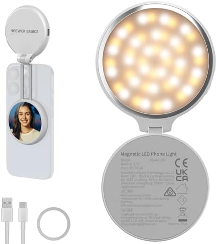NEEWER Basics Magnetic LED Selfie Light Compatible with MagSafe iPhone, Desk Stand Phone Holder with Makeup Mirror 1160lx/0.2m 900mAh CRI95 Fill Lighting for Video Recording Streaming, White NL48R