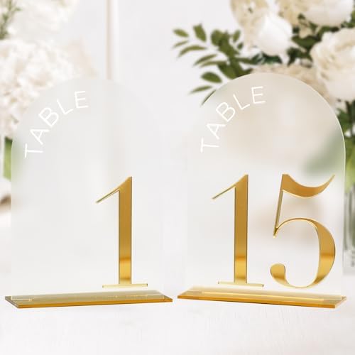 Frosted Arch Wedding Table Numbers 1-15, Gold Numbers and Stands