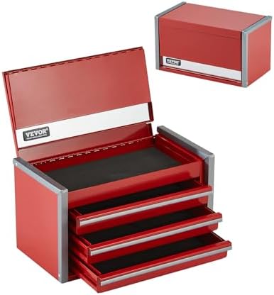 VEVOR Metal Tool Box, 8.6-inch, Portable Metal Tool Box with 3 Drawers, Small Tool Chest with EVA Liners and PP Feet Pads, Heavy-Duty Steel With Ball Bearing Opening and Powder Coated Finish, Red