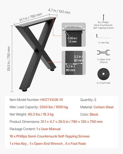 VEVOR Table Legs, 29.5" H x 31.1" W Steel Furniture Legs, Modular Design, Easy Assembly, 2204 lbs Max Load Heavy Duty, for Home Office Desk, Coffee Dinner Bar Tables, Workbench,2 PCS, X Frame, Black