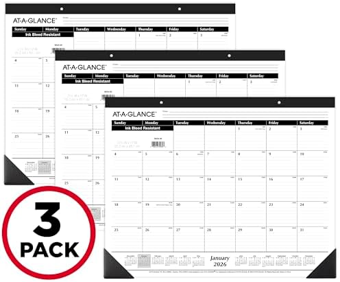 AT-A-GLANCE 2026 Desk Calendar, Desk Pad, Monthly, 21-3/4" x 17", Large, Ruled Blocks, 3 Pack (AZSK240026), White