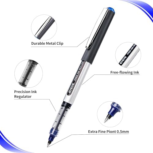 EYEYE Blue Rollerball Pen Pack of 8, 0.5mm Extra Fine Point Roller Ball Pen | Back to School Essential, Quick Drying, Liquid Ink Pens Fine Point Smooth Writing Pen for Journaling, Office Supplies