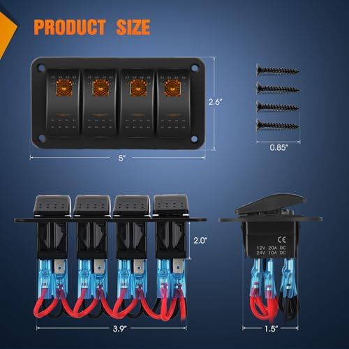 Nilight 4 Gang Rocker Switch Panel w/Orange LED Light 5Pin ON Off Pre-Wired