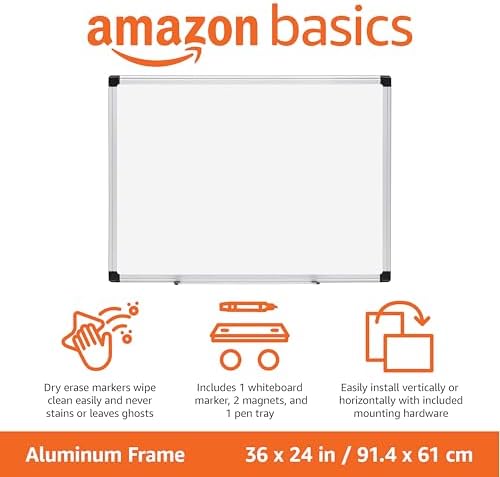 Amazon Basics Magnetic Dry Erase Whiteboard, 36"W x 24"H, Aluminum Frame, Silver/White, Easy to Install and Clean