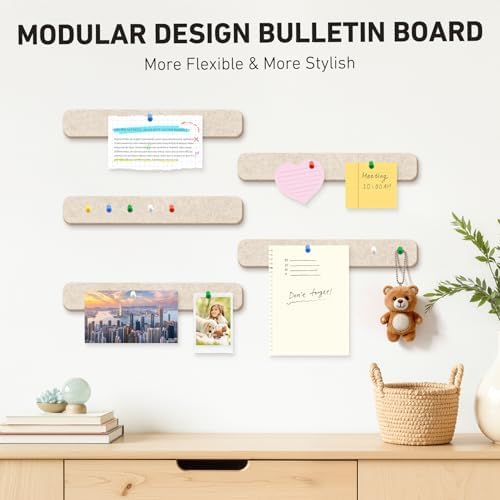 HAUTOCO Felt Bulletin Strips 5 Pack, 13" x 2" Self Adhesive Pin Board with 20 Push Pins, Peel and Stick Memo Board for Photos, Notes & Wall Decor, Dorm Room, Bedroom, Office, Oatmeal