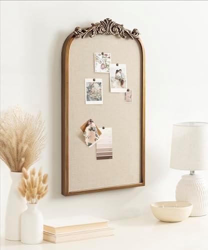 Kate and Laurel Arendahl Arch Pinboard; Gold; 13 x 25; Framed Arched Ornate Vintage Cork Board for Unique Display; Organization; and Decor Options