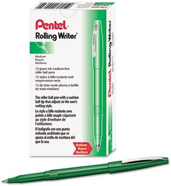 Pentel Rolling Writer Pen, 0.8mm Cushion Ball Tip, Green Ink, Box of 12 (R100-D)