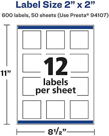 Avery® Matte White Square Labels, Sure Feed® Technology, 2" x 2", 600 Matte White Printable Labels