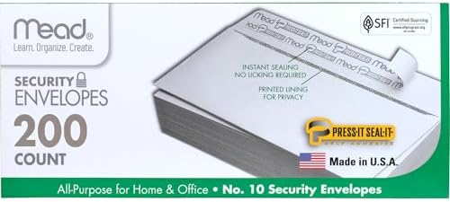 Mead #10 Security Business Envelopes Letter Size 4-1/8" x 9-1/2" – Peel and Seal, Privacy Lined, No-Window, Press-It Seal-It Self-Adhesive for Home & Office Mailing, 200 Count (742020)