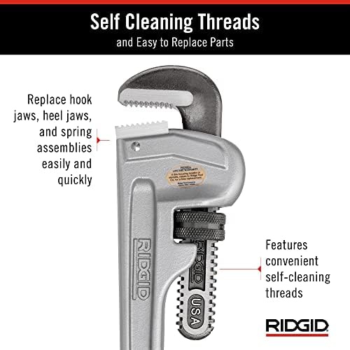 RIDGID 31095 Model 814 Aluminum Straight 14" Plumbing Pipe Wrench, Silver, Made in the USA